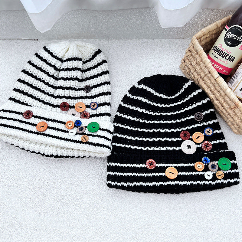 Autumn And Winter Buttons Knitted Hat Warm Ear Protection All-match And Cute Pile Heap Cap