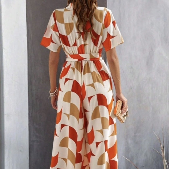 Women's Geometric Pattern Printed Lace Up Shirt Jumpsuit
