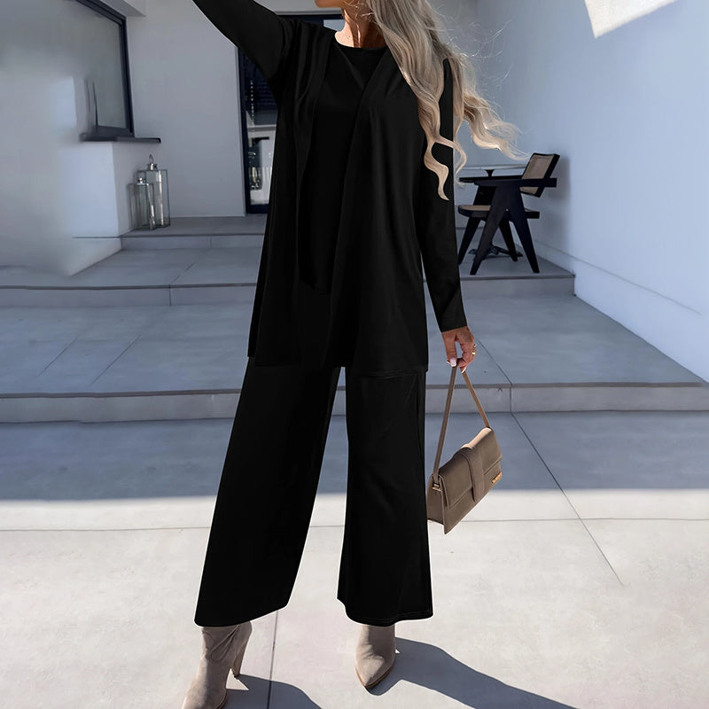 Women's Plus Size Casual 3-Piece Set Open Front Cardigan Sleeveless Vest Pants Solid Color Lounge Set