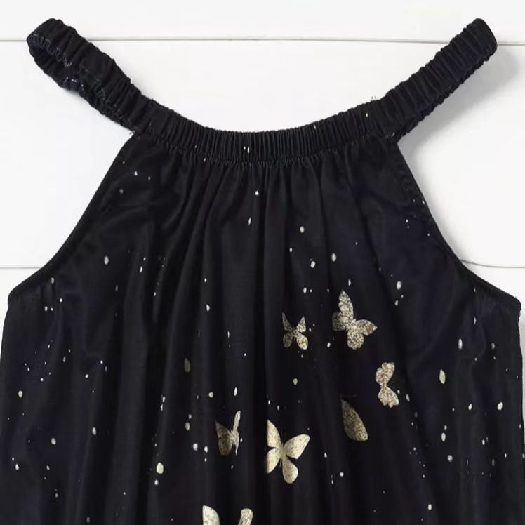 Ladies' Black Butterfly Ruffle Loop Mini Dress With Loop