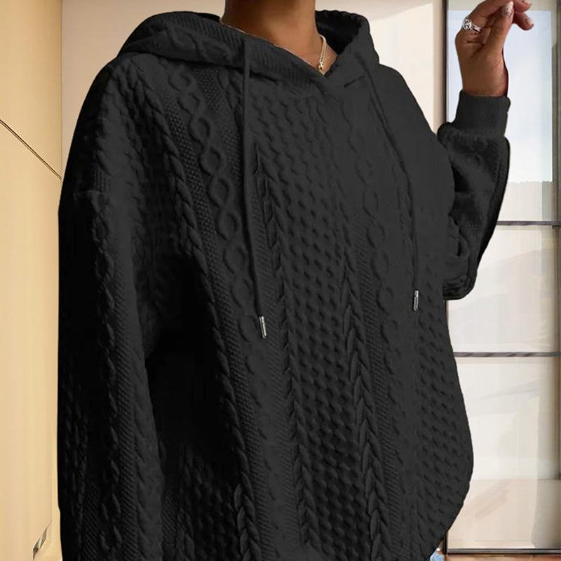 Women's Solid Color Ribbed Design Long Sleeve Hoodie - Loose Fit Drawstring Pullover For Fall & Winter Casual Wear