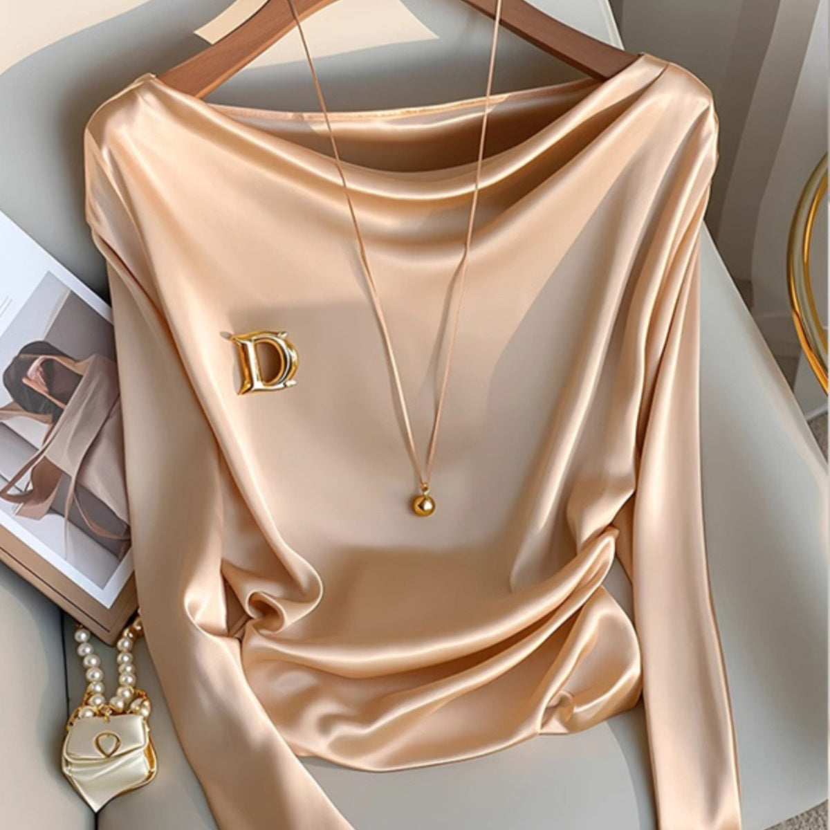 Women's Champagne Long-sleeved Satin Shirt Swing Collar Inner Wear Blouse