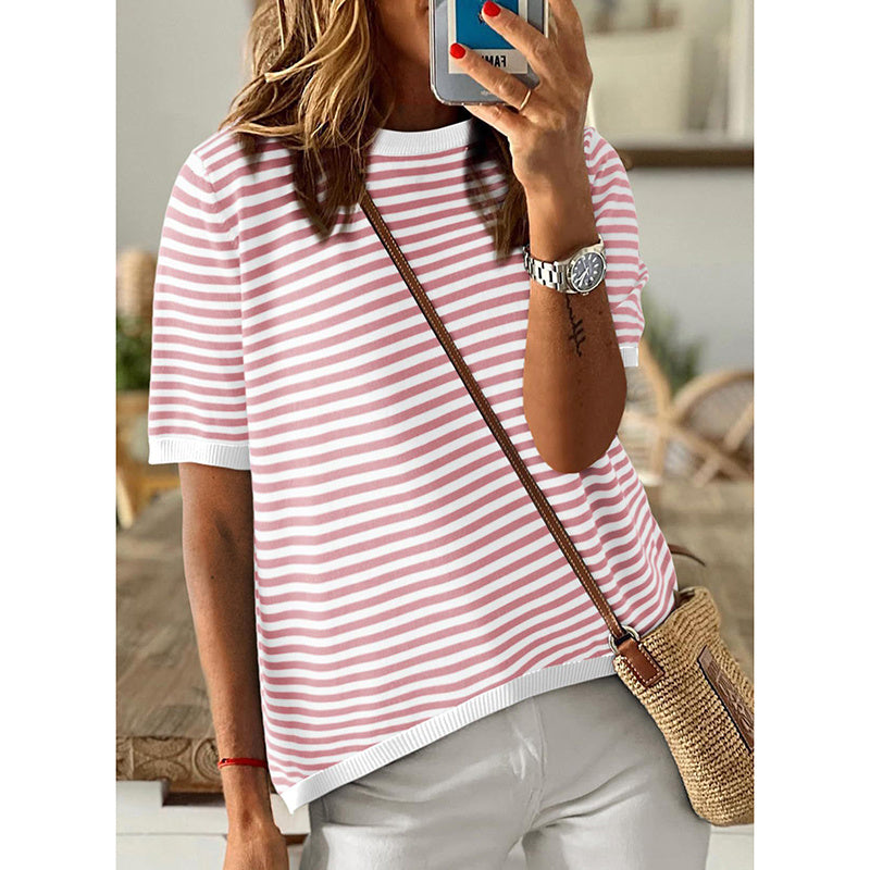Womens Tops Casual Summer Crewneck Short Sleeve Striped Color Block Trendy Pullover Sweaters
