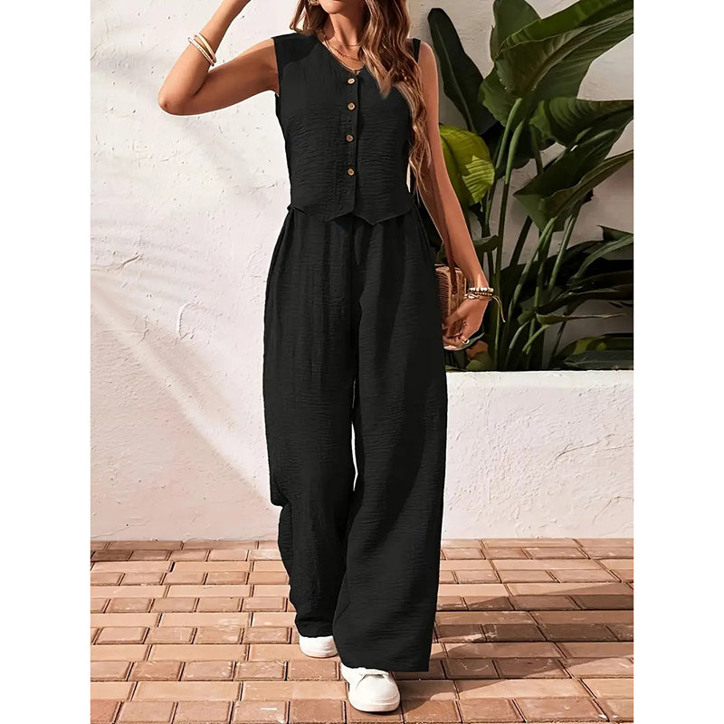 Womens Two Piece Outfits Summer Fashion Button V Neck Crop Vest Blazer And Wide Leg Pants Suit Matching Sets