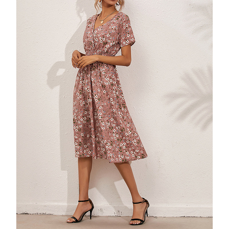 Womens Summer Dresses Boho V Neck Floral Print Short Sleeve Mini Dress Cute Smocked Waist Short Dress