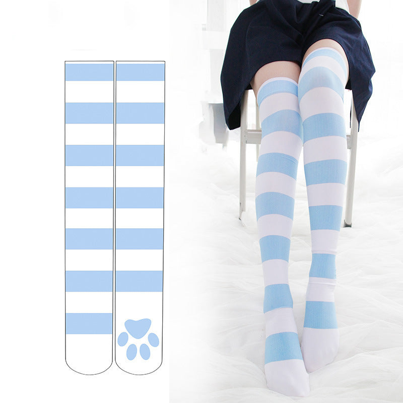 Striped Cat Footprints Socks Soft Girl Jk Over The Knee Stockings