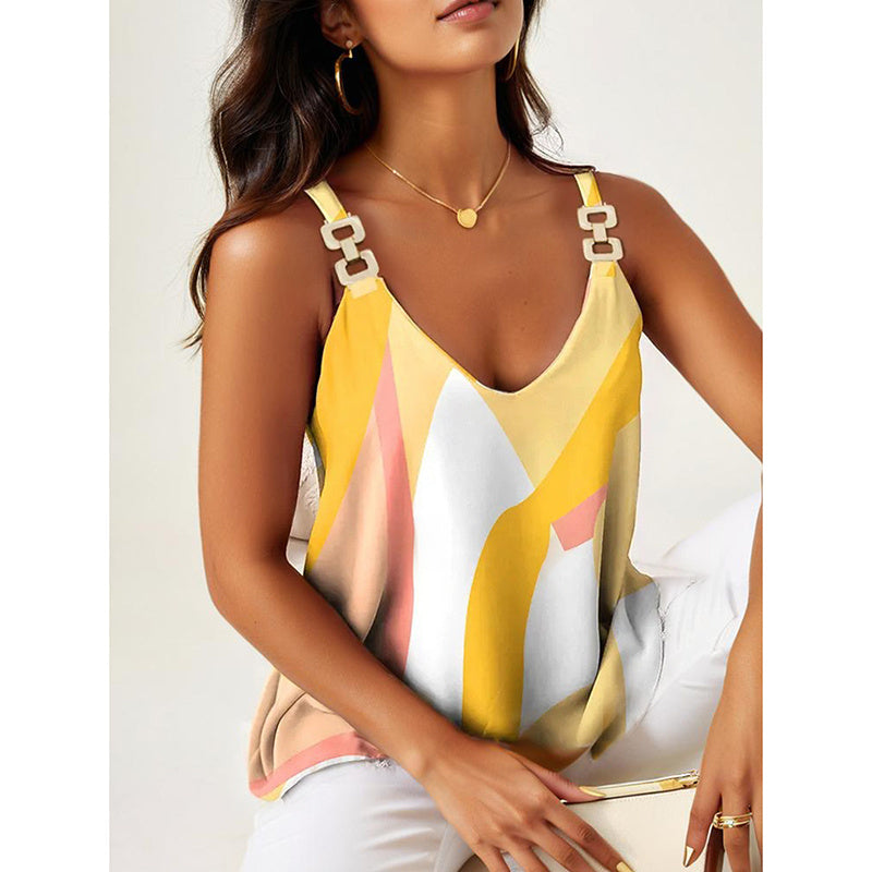 Summer Tank Tops For Women V Neck Chain Straps Sleeveless Top Loose Fit Casual Stripe Shirts Blouse