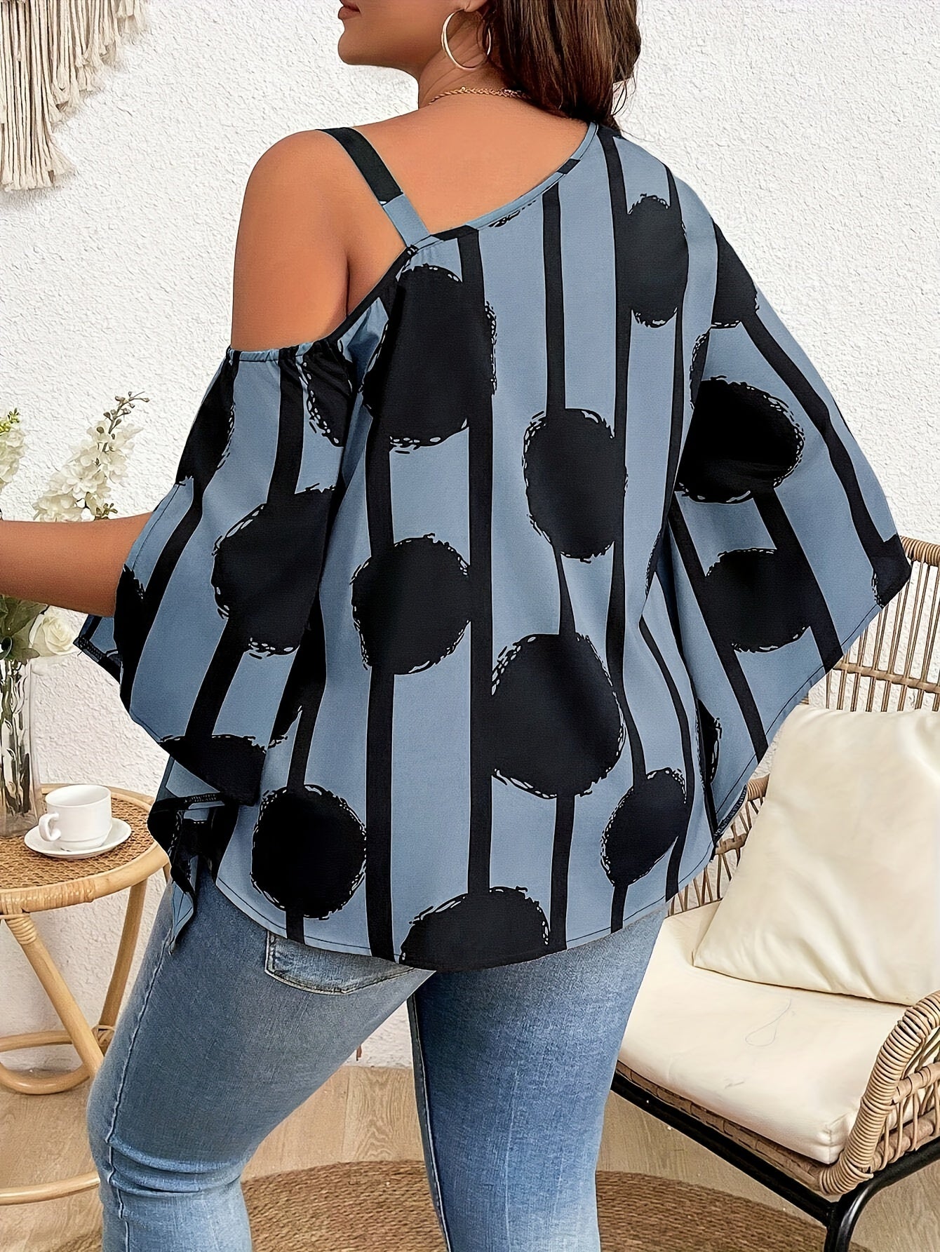 Women's Plus Size Printed Fashion Off-the-Shoulder Charming Chain Three-quarter Sleeve Blouse - Casual Top