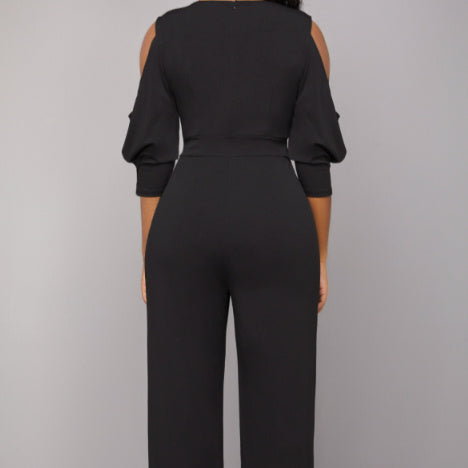 Women's Fashion Belt V-neck Long Sleeved Wide Leg Pants Jumpsuit