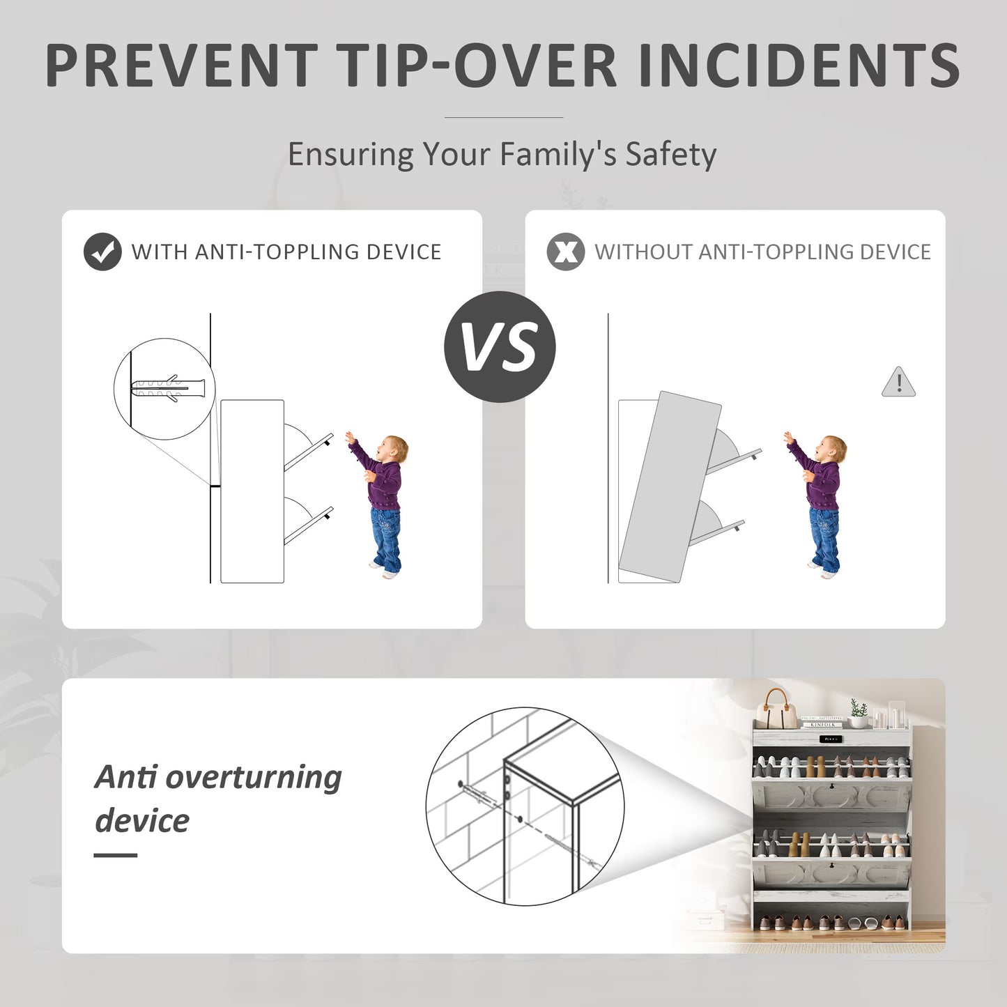 VFF Deodorizing Shoe Storage Cabinet With 2 Flip Drawers,LED Touchsreen Freestanding White