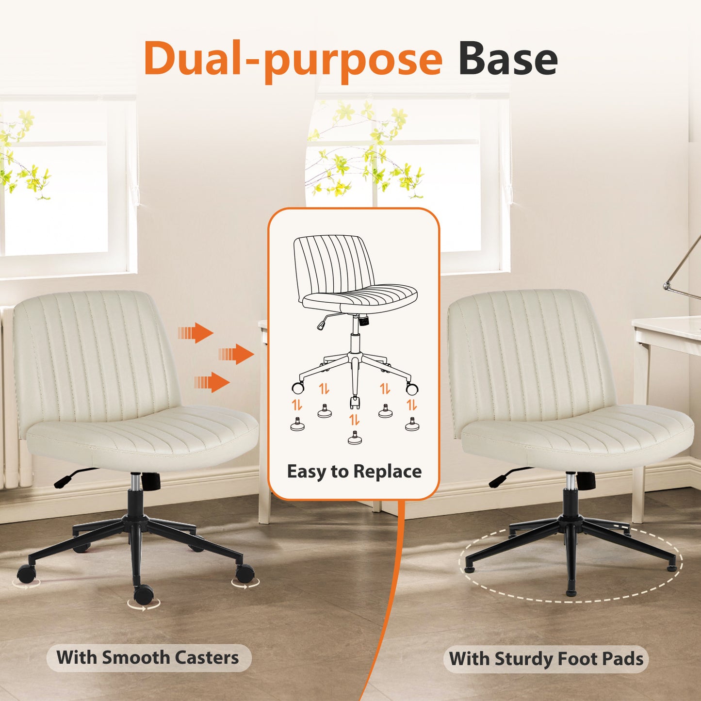 Office Desk Vanity Chair Cross Legged Armless Swivel Fabric Height Adjustable Wide Seat With Replaceable Wheels-Fixed Base, Comfy Task Chair Padded