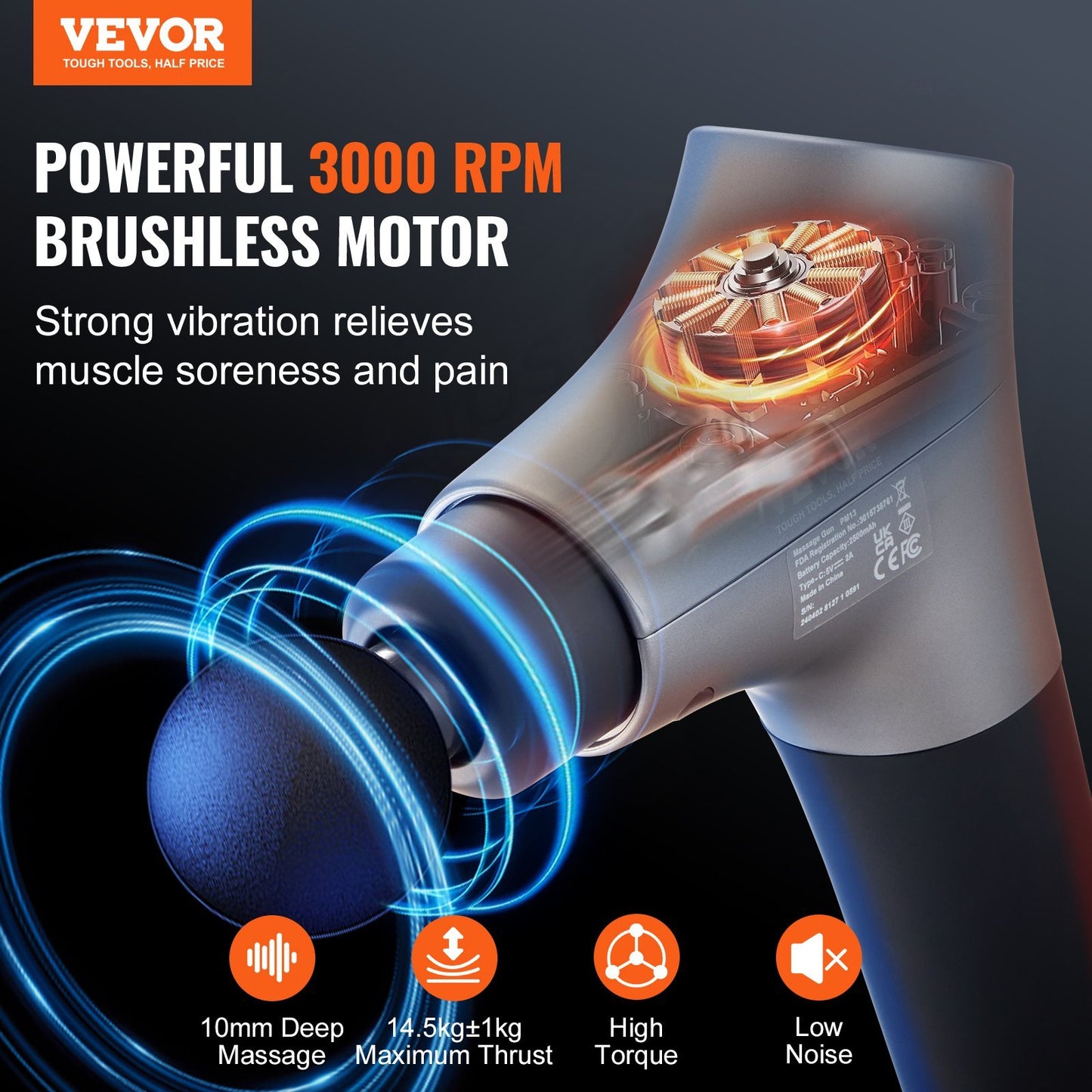 VEVOR Massage Gun Deep Tissue, Percussion Muscle Massager For Athletes - With 6 Speed Levels & 4 Massage Heads, 12V 2500mAh Batteries, Handheld Electric Massage Gun For Pain Relief, Muscle Relaxation