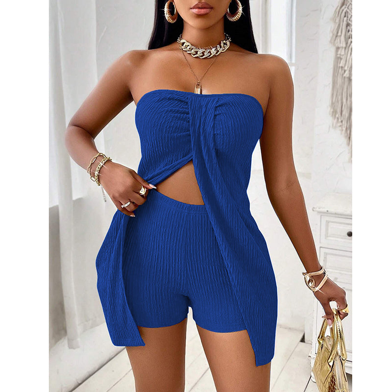 Women's 2 Piece Outfits Elegant Textured Strapless Ruched High Slit Tube Top And High Waist Skinny Shorts Shorts Set