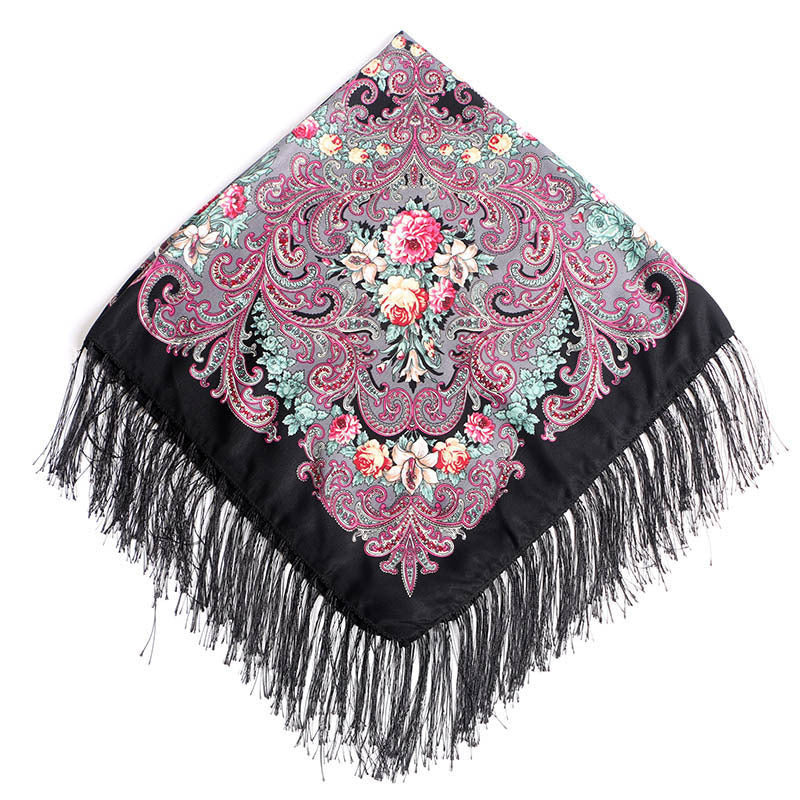 Women's Fringed Cotton And Linen Printed Square Scarf