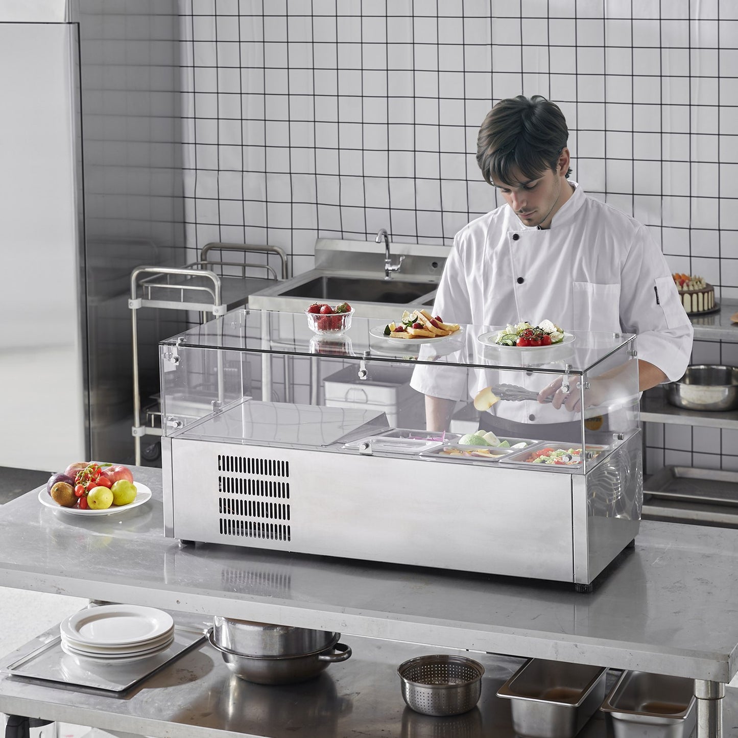 VEVOR Refrigerated Condiment Prep Station, 130 W Countertop Refrigerated Condiment Station,304 Stainless Body And PC Lid, Sandwich Prep Table With Glass Guard, ETL