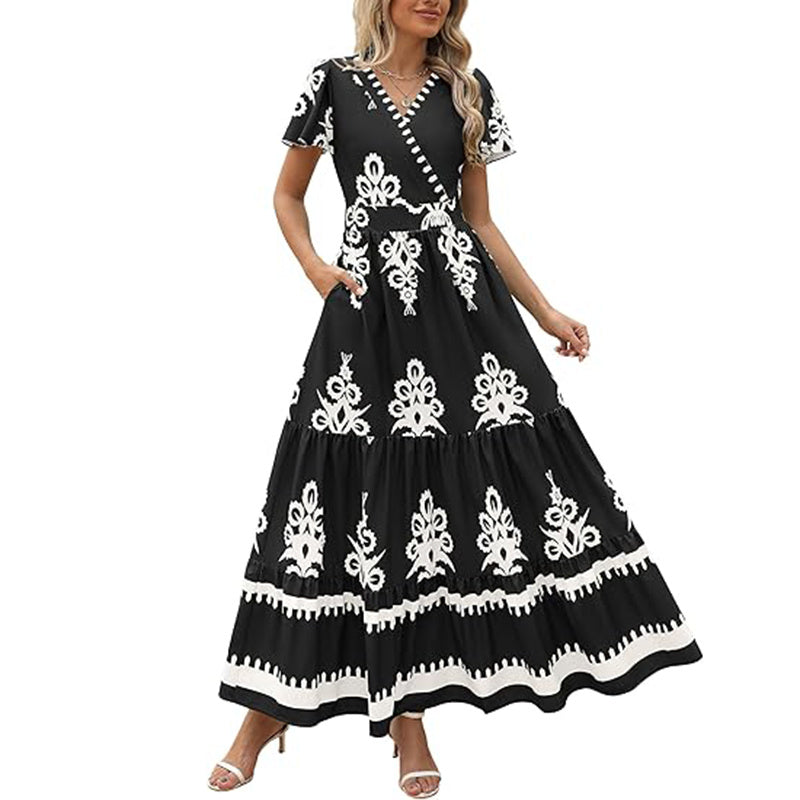 Womens Summer Casual V Neck Boho Maxi Dress Flowy Aline Bell Sleeve Tiered Floral Dresses With Pocket