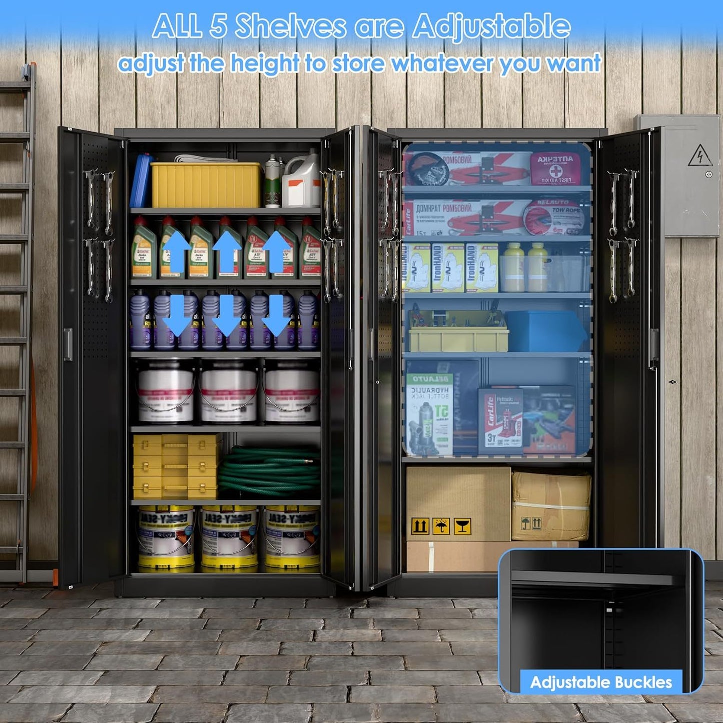 Metal Storage Cabinet With Pegboard ,Lockable Steel Storage Cabinet With 5 Adjustable Shelves And Door For Garage, Office, Kitchen, Assembly Required Black