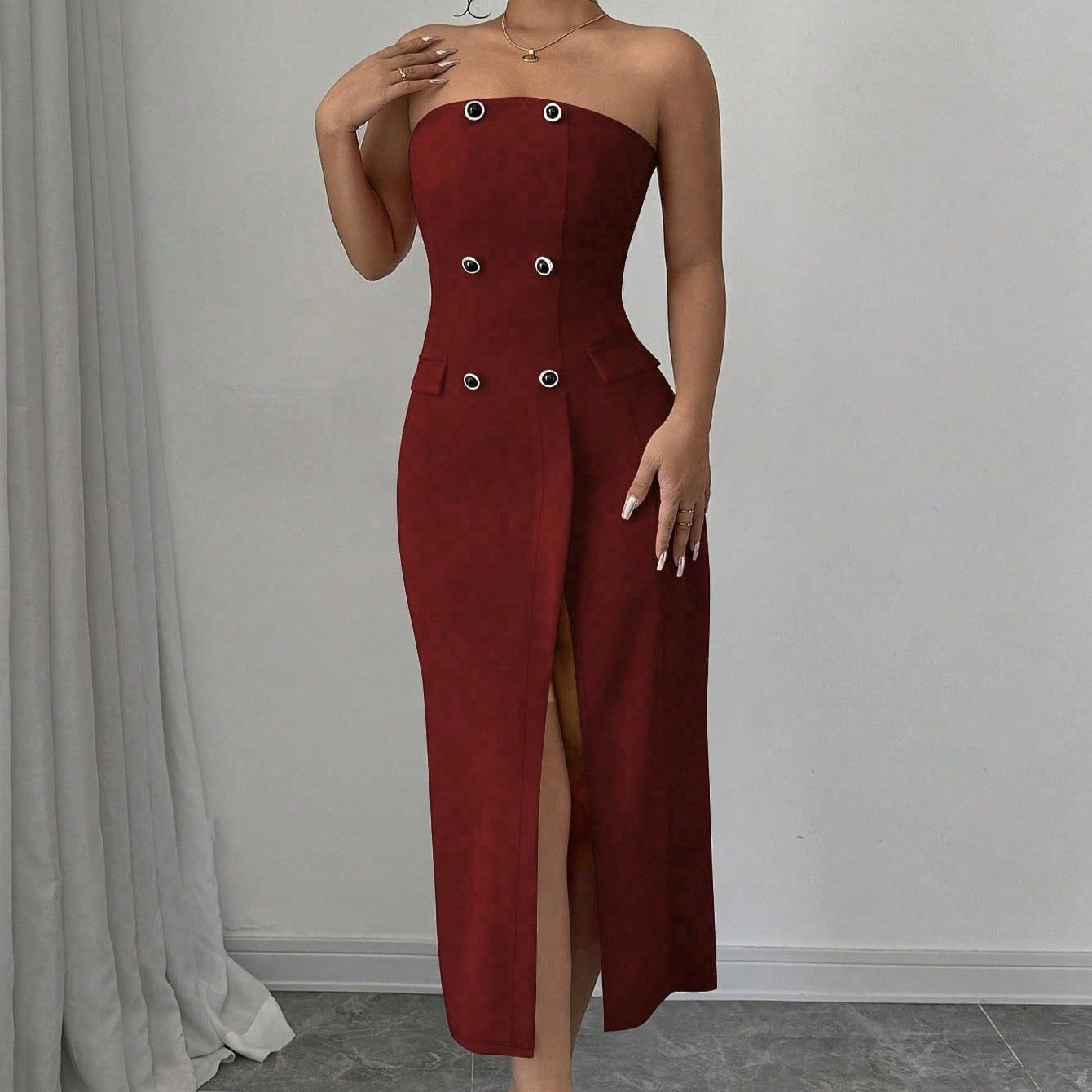 Women's Solid Color Button Sleeveless Slit Slim Fit Dress