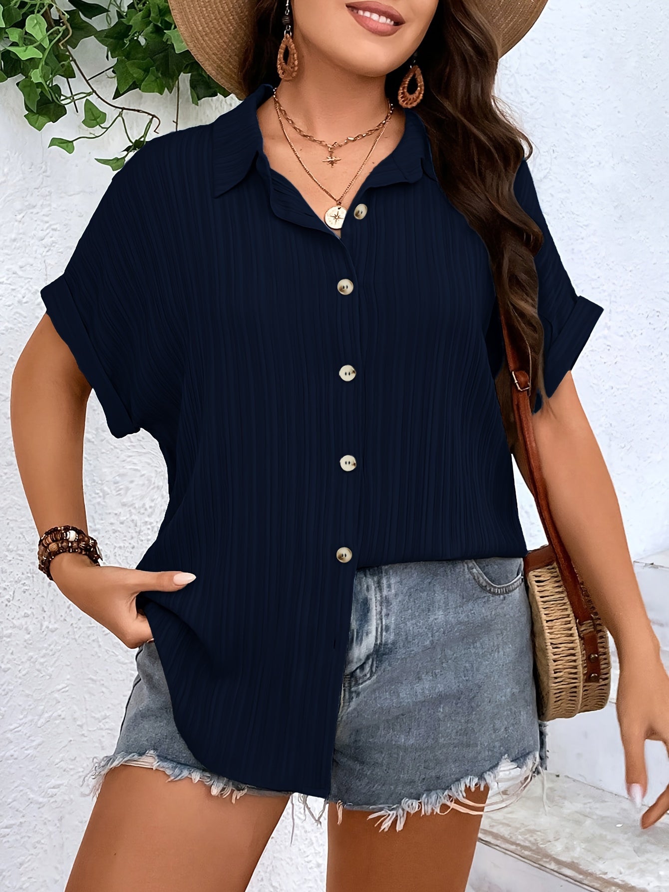 Women's Plus Size Summer V-Neck Dolman Sleeve Casual Short-Sleeve Striped Blouse For Work & Daily Wear