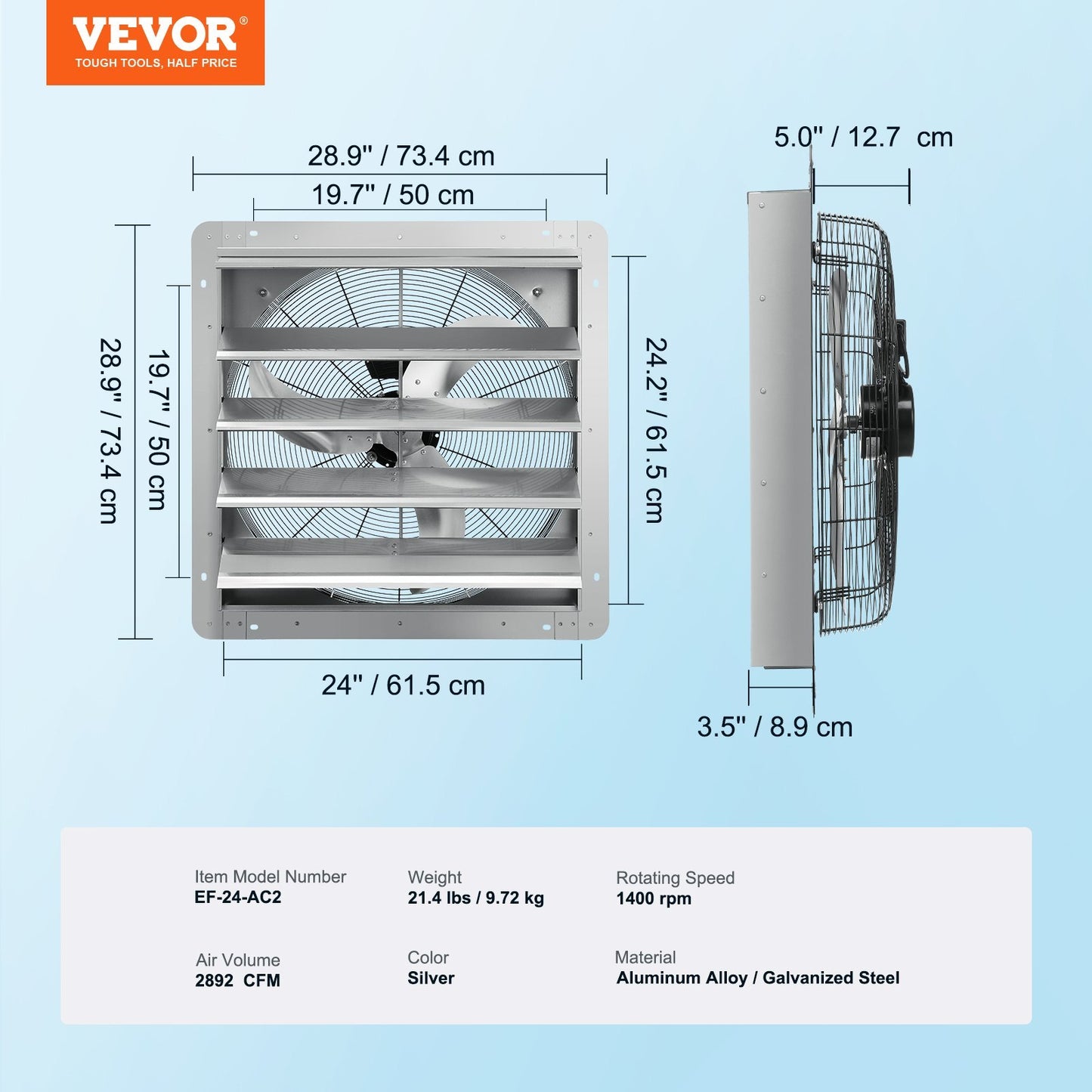 24 Shutter Exhaust Fan, High-speed 3320 CFM, Aluminum Wall Mount Attic Fan With AC-motor, Ventilation And Cooling For Greenhouses, Garages, Sheds, Shops, FCC