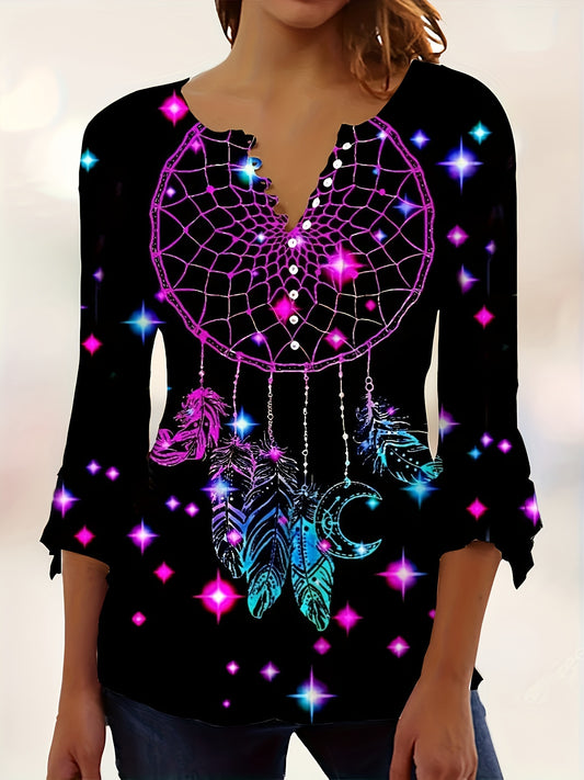 Spring And Autumn New Printed Spike Button Irregular Three-quarter Sleeve T-shirt Casual Top