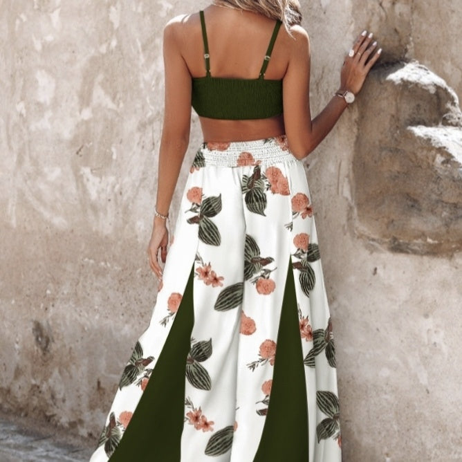 Women's New Solid Color Sexy Top Fashionable Flower Print Contrasting Pants Vacation Two-piece Pants Set