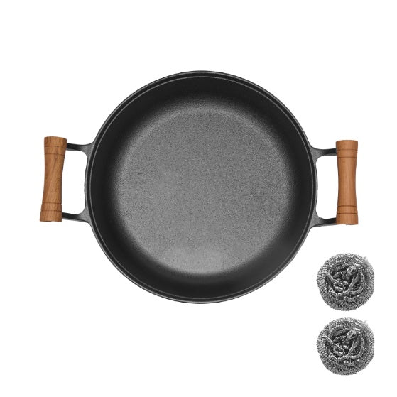 WANGYUANJI 11.8Pancake Griddle With Wooden Handle, Cast Iron Skillet, Uncoated Pan For Home, Thickened Non-Stick Skillet, Multi-Purpose Skillet With Wire Balls
