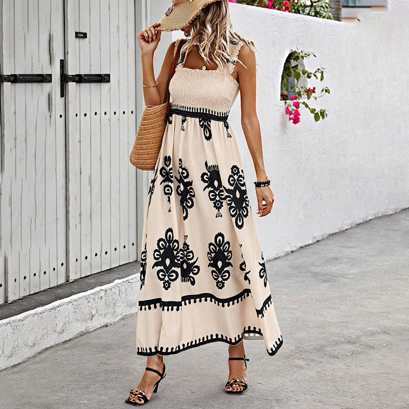 Women's Wide Strap Printed Maxi Dress With Bust Pleats, A-Line Vacation Dress