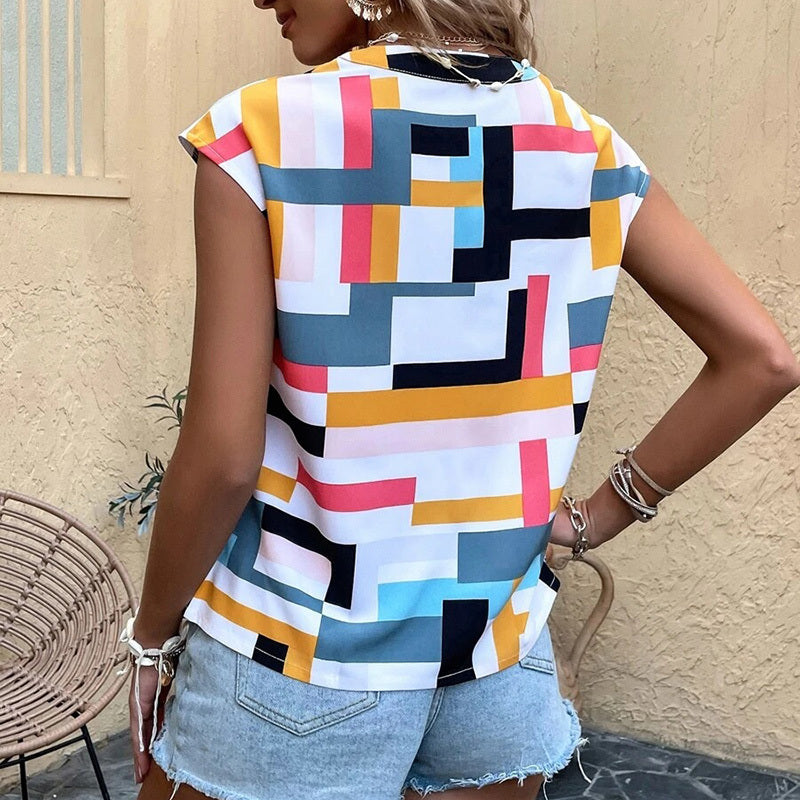 Womens Summer Tops Trendy Geometric Pattern Cap Sleeve V Neck T-Shirts Dressy Casual Short Sleeve Blouses