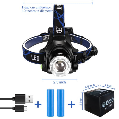 T6 Headlamp Rechargeable 350000LM LED Zoom Headlight Head Torch USB Line UK