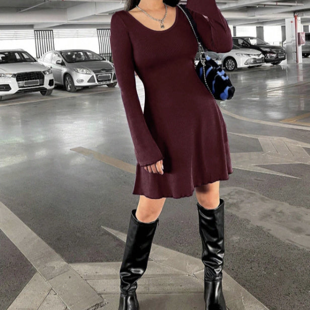 Ladies' Autumn And Winter New Item Solid Color Fashionable And Trendy Slim Fit Bag Buttocks, Black Fungus Cuffs Women's Dress