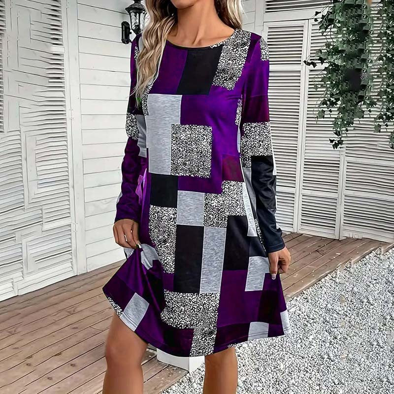 Women's Round Neck Long Sleeve Dress - Digital Print Casual Elegant Spring & Fall Dress