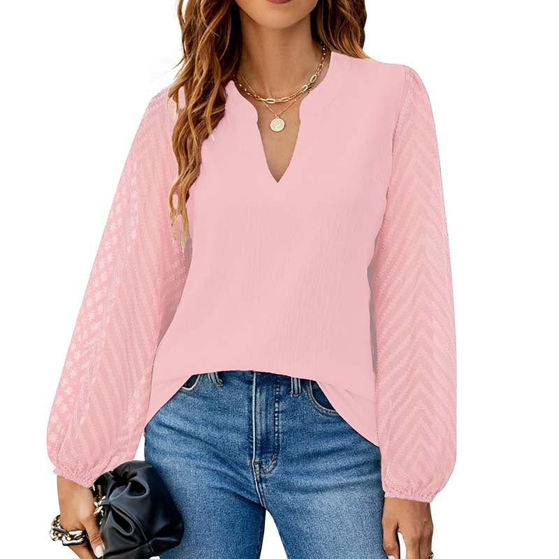 Womens Casual Lace Long Sleeve Chiffon Shirts Dressy Casual V Neck Blouses Business Work Tops