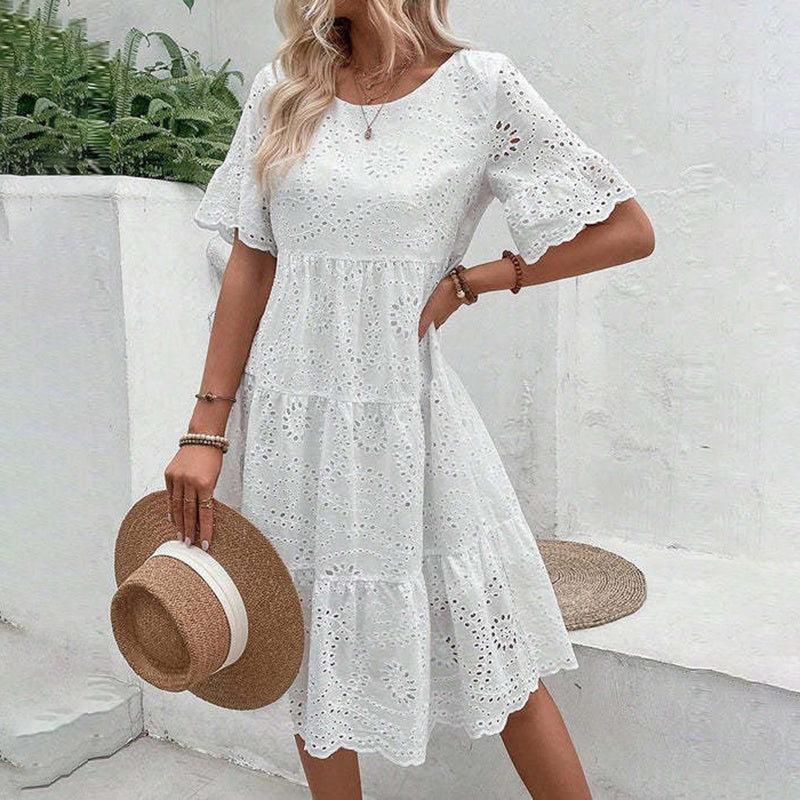 Women's Round Neck Embroidered Lace Short Sleeve A-Line Elegant Summer Vacation Dress