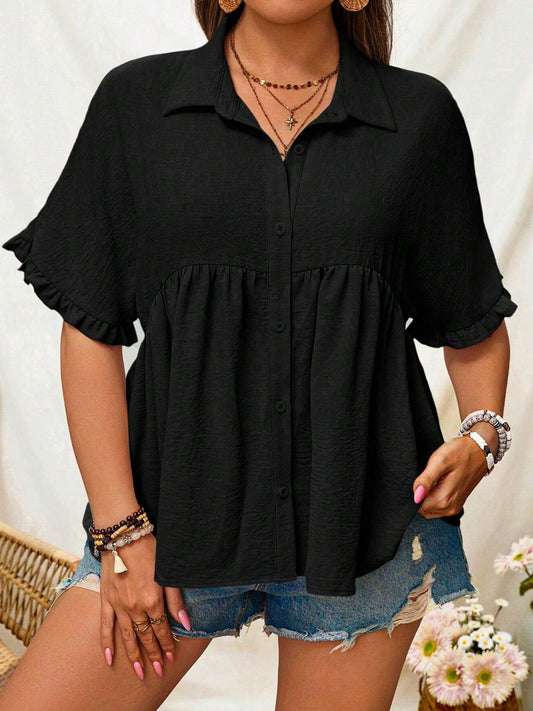 Women's Plus Size Buttoned Collar Shirt - Summer Fashion Casual Office Short Sleeve Top