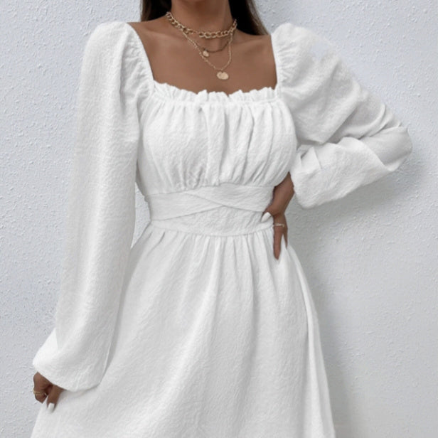 Ladies' Fashion Elegant Solid Color Collar Lace Fold Waist A-list Dress