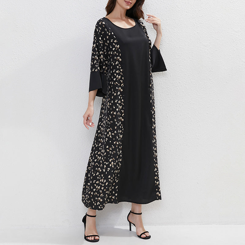 Women's Plus Size Floral Print Tunic Dress With Belt, Middle Eastern Style Muslim Long Dress