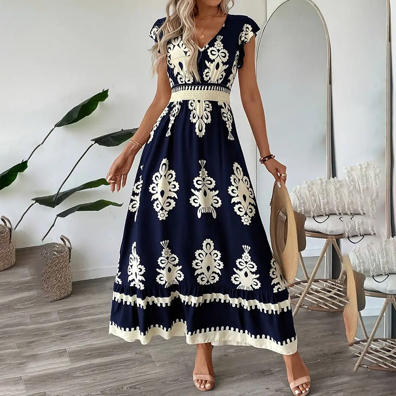 Women's Summer Flowy Maxi Dress Casual Cap Sleeve V Neck Smocked Waist Beach Sundress