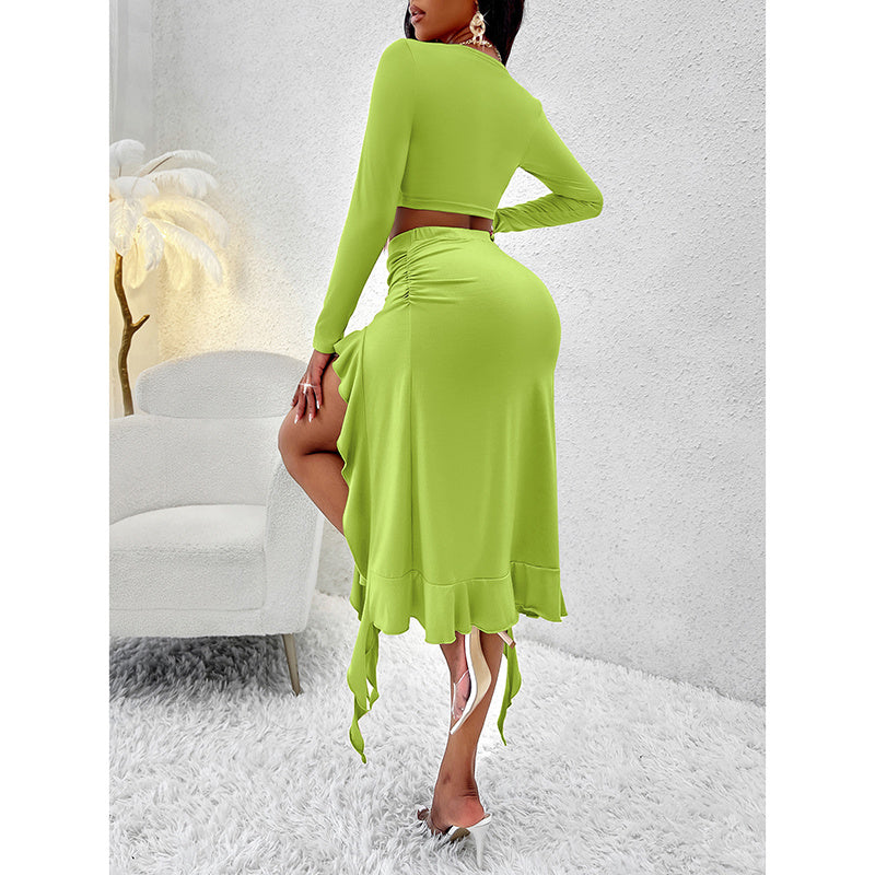 Women Summer 2 Piece Skirt Sets Long Sleeve Square Neck Crop Top Ruffle Trim Irregular Split Sexy Club Party Skirt Outfits