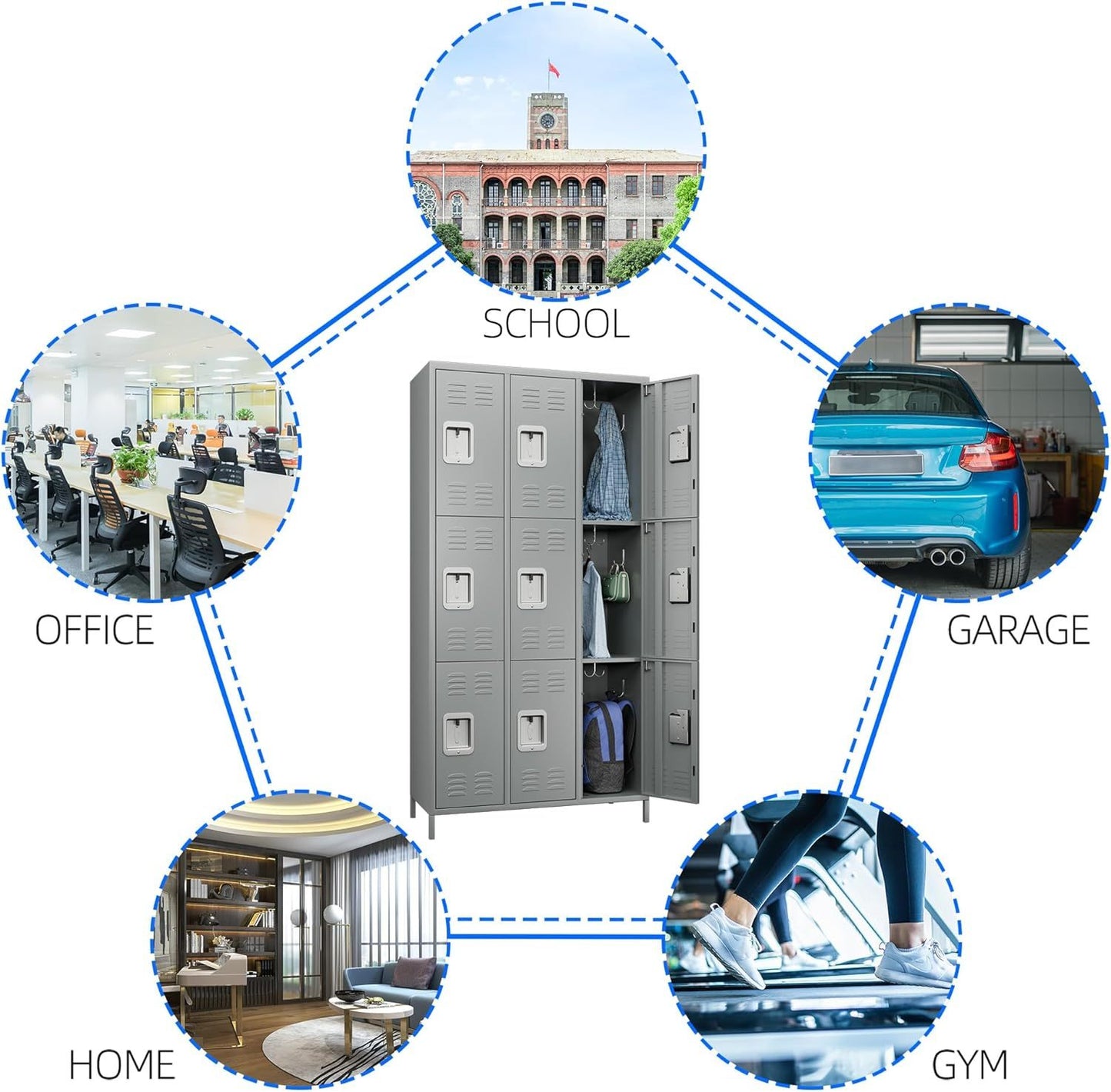 Metal Lockers For Employees With Lock,Metal Storage Locker With 9 Doors & 27 Hooks For School Office Gym Garage Bedroom,Assembly Required,9 Doors Light Grey