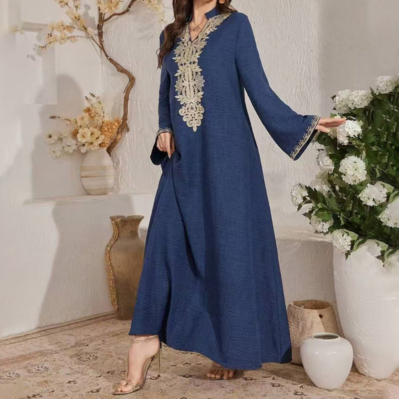Women's Bohemian Embroidered Maxi Dress - V-Neck Long Sleeve Flowy Kaftan With Ethnic Embroidery, Loose Fit Vintage Dress