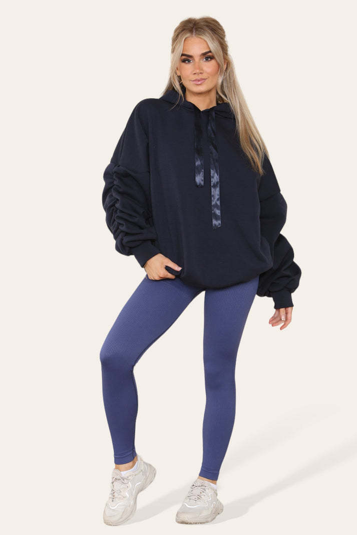 Oversized Ruched Sleeves Hoodie With Satin Ribbon With High Waist High Rise Seamless Ribbed Legging Set