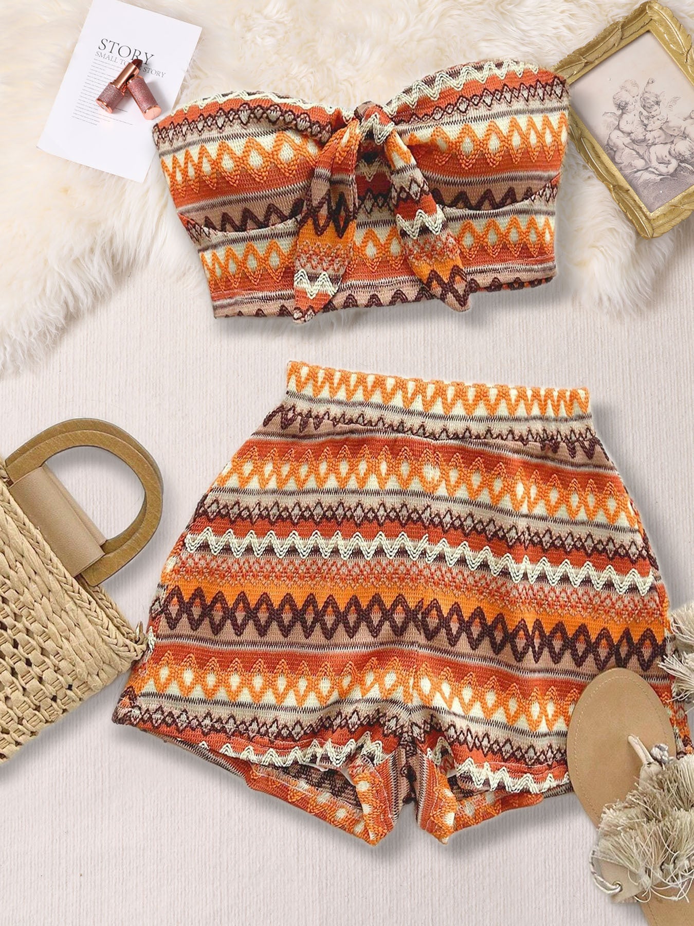 Women's Sexy 2pcs Set  Summer  Colorful Striped Elastic Suitable For Vacation And Daily Travel