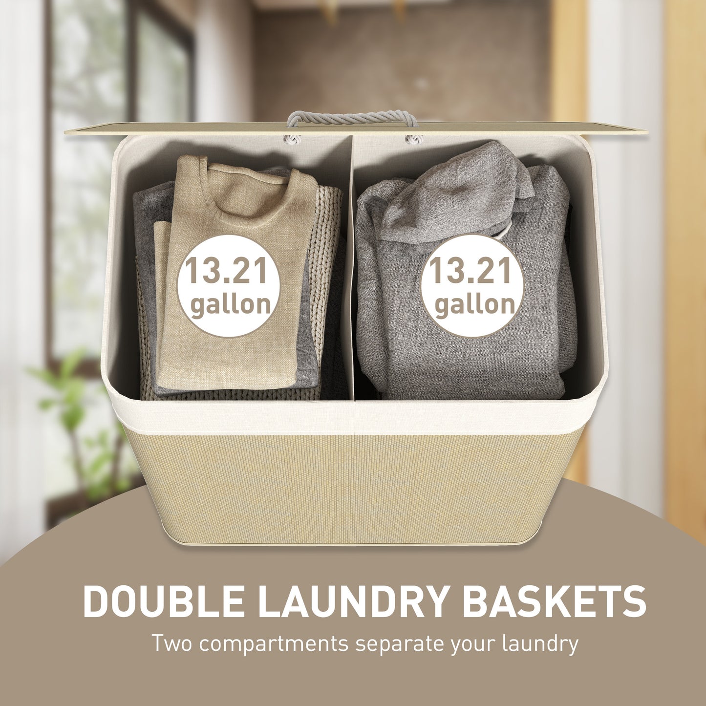 Double Laundry Basket With Lid, 26.4 Gallon Bamboo Laundry Hamper With Rope Handles And Removable Liner, Natural