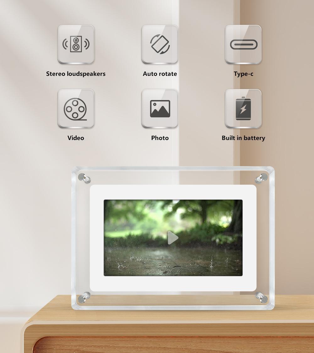 7-inch Acrylic Auto-rotating Digital Photo Frame, Built-in Memory And Battery, High Resolution, Suitable For Desktop Decoration