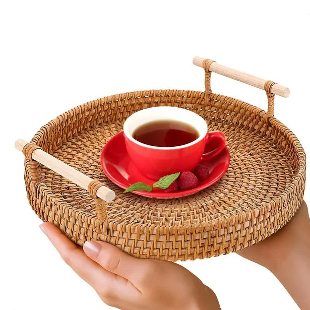 Rattan Tray 8.7 Inch Round Woven Serving Basket With Handles Decorative Tray For Coffee Table Bread Fruit Vegetables Restaurant Home Use
