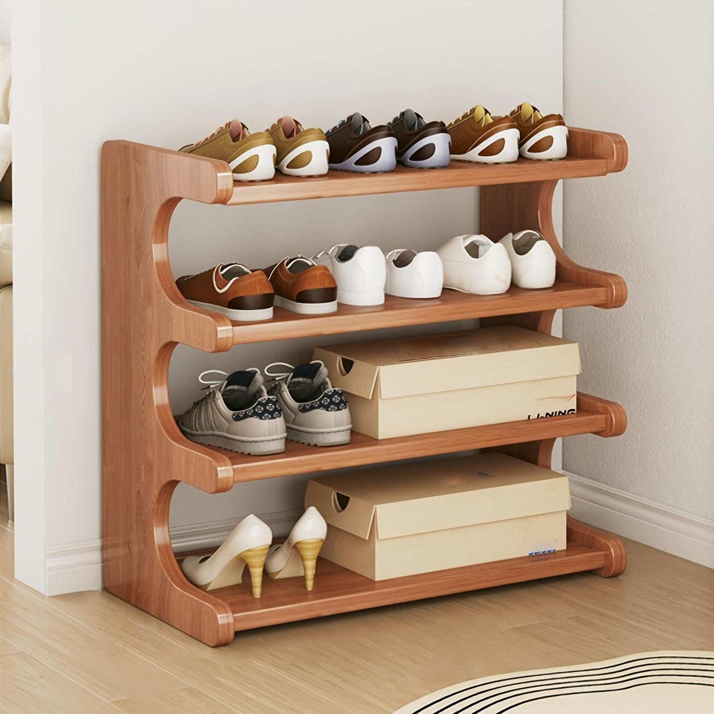 Four-layer Wooden Stackable Floor-standing Shoe Rack Suitable For Entrance, Wardrobe And Corridor To Store High Heels, Sneakers And Sandals