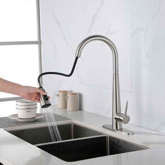 High Curvature Single Handle Kitchen Sink Faucet With Deck, Commercial Modern Stainless Steel Kitchen Faucet
