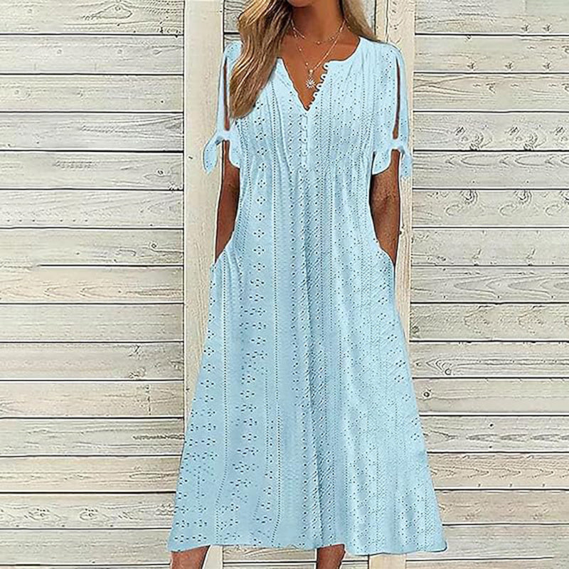 Women's Eyelet V-Neck Maxi Dress Short Sleeve Flowy A-Line Summer Beach Dress