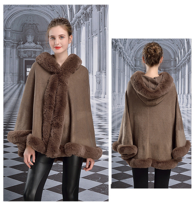 European And American Hooded Cloak Rex Rabbit Fur Fashion Shawl